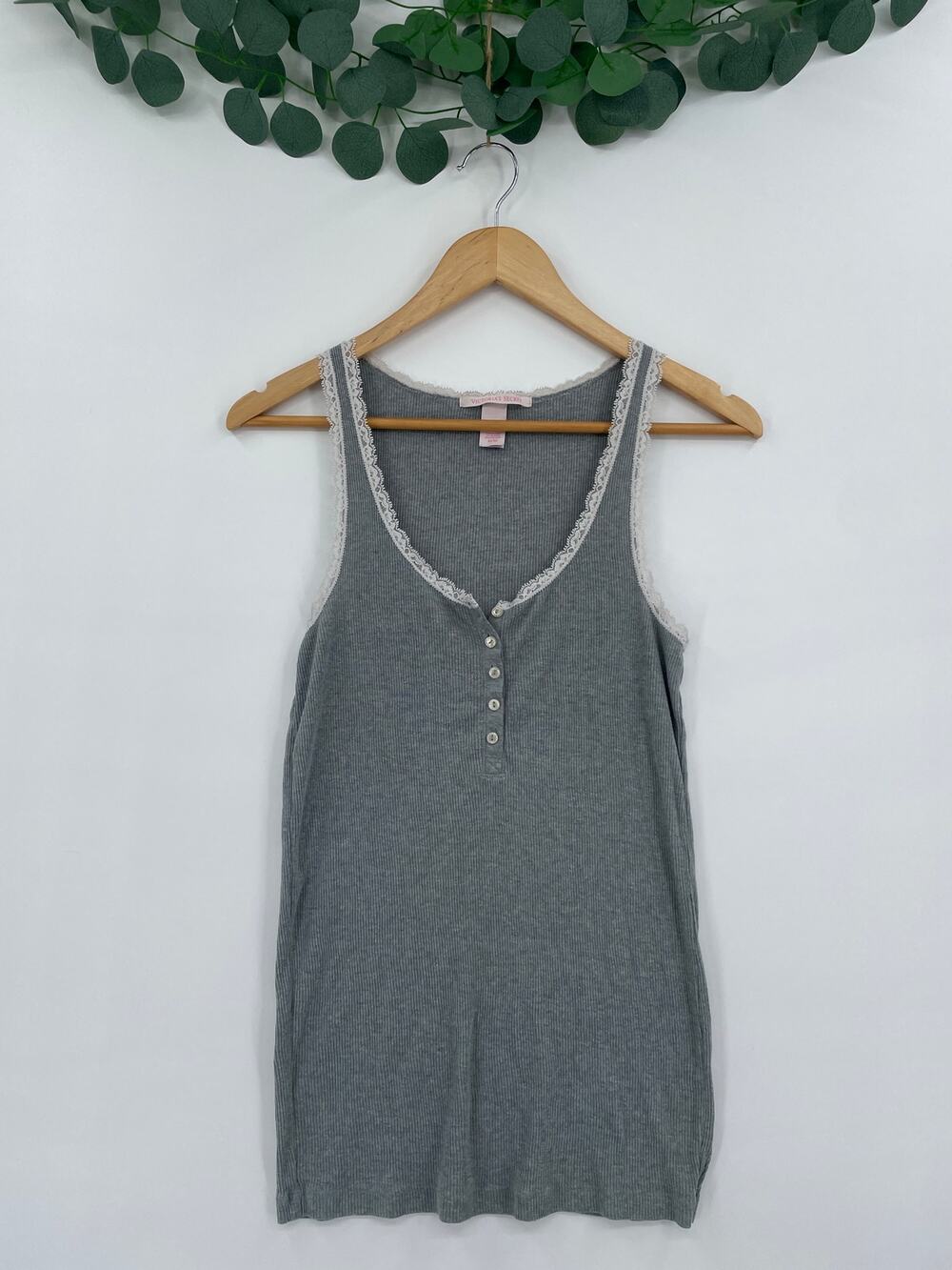 Victoria Secret Lace Trim Coquette Y2K Soft Girl Grey Ribbed Tank Med